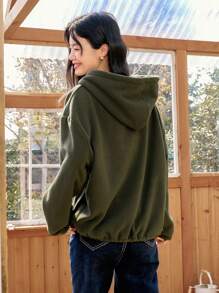 DAZY Chất rắn Viền kéo ra Thả vai Hoodie - xanh quân đội - Xem 2