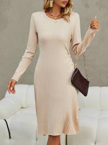 SHEIN Clasi Drawstring Side Ribbed Knit Sweater Dress - Apricot - View 6