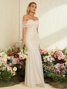 Off Shoulder Mermaid Hem Mesh Wedding Dress Mermaid Dress - White - View 3