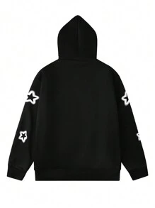 Manfinity Homme Nam In Chữ & Sao Dây kéo Dây rút Ngoại cỡ Hoodie - màu đen - Xem 2