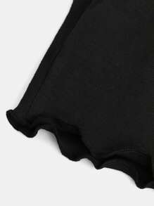 SHEIN Girlism Teen Girl Off Shoulder Lettuce Trim Ruched Tee - Black - View 4