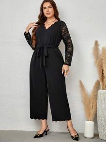 EMERY ROSE Plus Contrast Lace Scallop Trim Belted Wide Leg Jumpsuit - Black - View 5