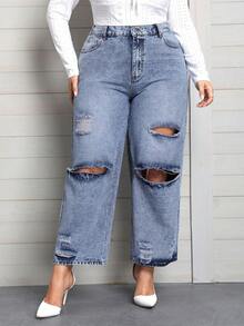 SHEIN Privé Hơn Cao eo Quần jean ống rộng rách - Màu xanh lam - Xem 3