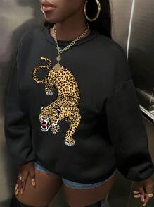 Slaydiva 女士宽松超大落肩虎纹豹纹卫衣 - 黑色 - 查看 7