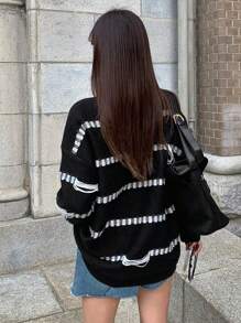 DAZY Striped Pattern Drop Shoulder Sweater,Fall Women Clothes - Black and White - View 4