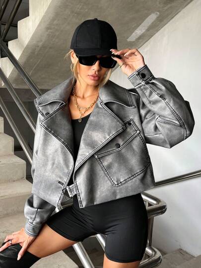 Aveloria Affinna Chaqueta de moda estilo moto con cremallera, cuello de solapa y corte cropped