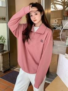 DAZY Đồ họa Chữ cái Một nửa khóa kéo Thả vai Áo chui đầu Oversized - Hồng - Xem 3