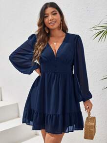SHEIN VCAY Plus Lantern Sleeve Ruffle Hem Dress - Navy Blue - View 4