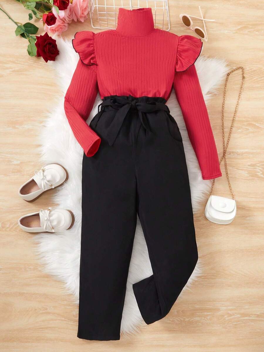 SHEIN Sparklyn 女大童荷葉邊高領T恤&紙袋腰腰帶長褲 - 紅色 - 查看 1