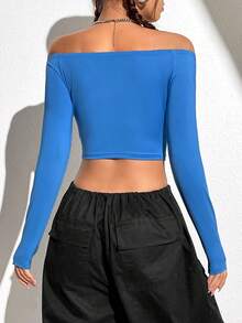 SHEIN Unity Camiseta crop con estampado de figura y slogan de hombros descubiertos - Azul - Ver 2