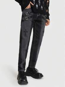 ROMWE MEN ROMWE Avant 男士交叉補丁貼撞色牛仔褲 - 深灰色 - 查看 3