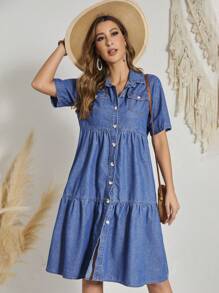 SHEIN LUNE 翻蓋口袋荷葉邊牛仔洋裝 - 深色水洗藍 - 查看 1