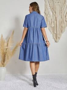 SHEIN LUNE 翻蓋口袋荷葉邊牛仔洋裝 - 深色水洗藍 - 查看 2