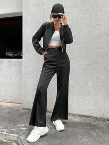 GENKIRA Zip Up Jaqueta Crop & Calças Perna Flare - Preto - Visão 4