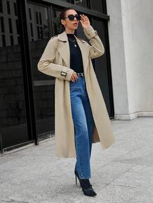 SHEIN Essnce Buckle Sleeve Double Breasted Trench Coat - Camel - View 5