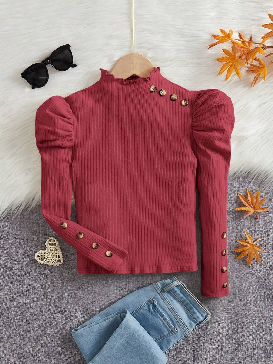 SHEIN 女大童小高領紐扣細節羊腿袖木耳邊T恤 - 乾枯玫瑰色 - 查看 1