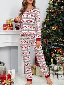 Conjunto de pijama con estampado de Navidad ribete en contraste - Multicolor - Ver 5