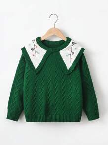 SHEIN Young Girl Floral Embroidery Statement Collar Sweater - Dark Green - View 1