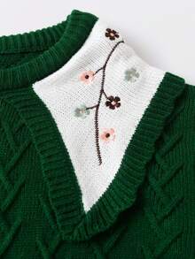 SHEIN Young Girl Floral Embroidery Statement Collar Sweater - Dark Green - View 4
