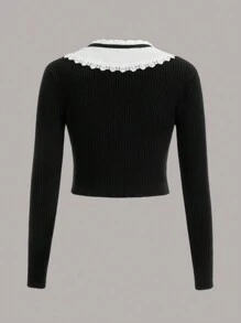 SHEIN MOD Cổ áo tương phản Nút phía trước Áo len Mở - Đen và trắng - Xem 2