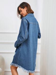 SHEIN 孕婦破洞毛邊牛仔洋裝 - 淺色水洗藍 - 查看 2