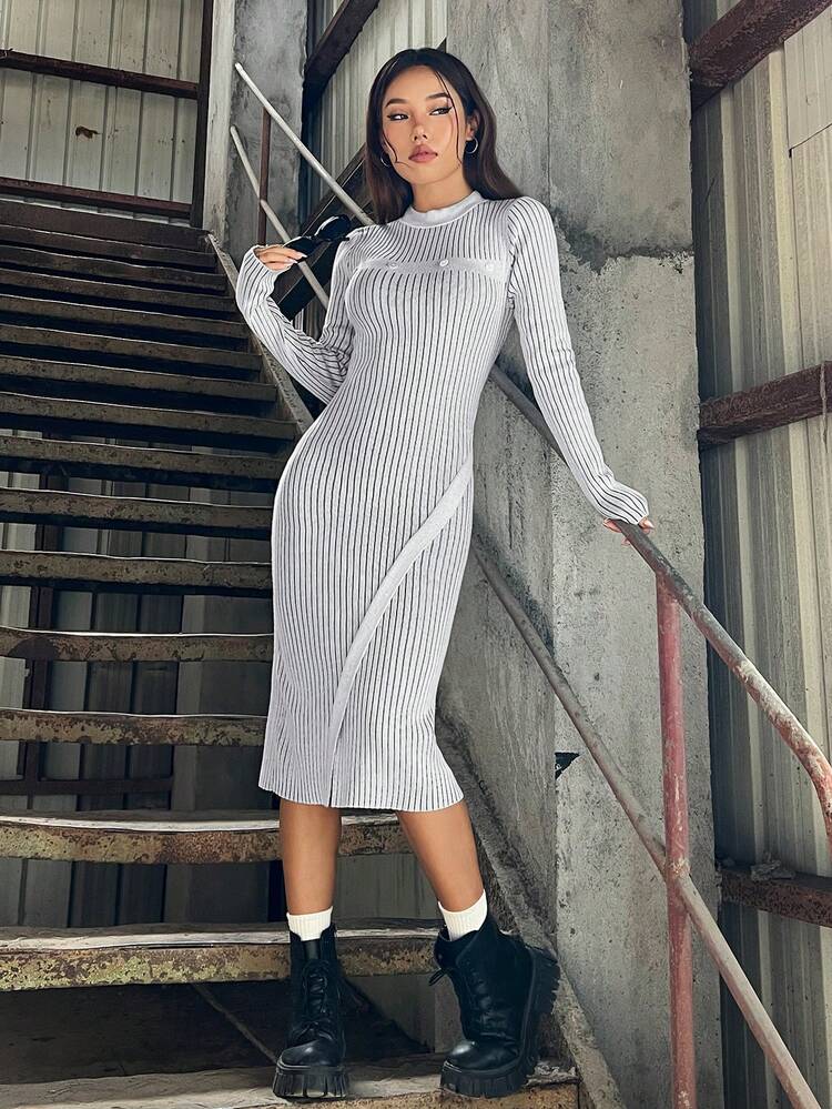 SHEIN EZwear Solid Ribbed Knit Sweater Dress - Multicolor - View 6