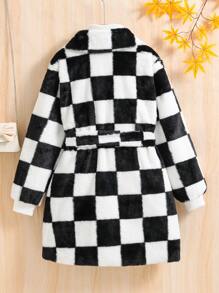 SHEIN Tween Girl Checkerboard Pattern Belted Flannel Coat Without Sweater - Black and White - View 2