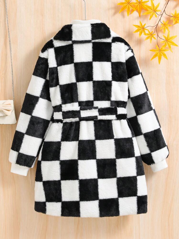 Tween Girl Checkerboard Pattern Belted Flannel Coat Without Sweater