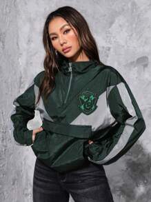 HARRY POTTER X SHEIN 圖案補丁貼撞色半拉鏈落肩袖夾克 - 彩色 - 查看 3