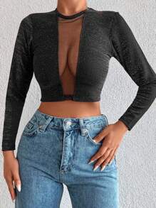 RueChic Lưới tương phản Áo phông Crop - màu đen - Xem 2