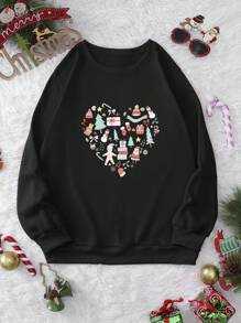 SHEIN EZwear 大碼聖誕圖案加絨內裏運動衫 - 黑色 - 查看 1