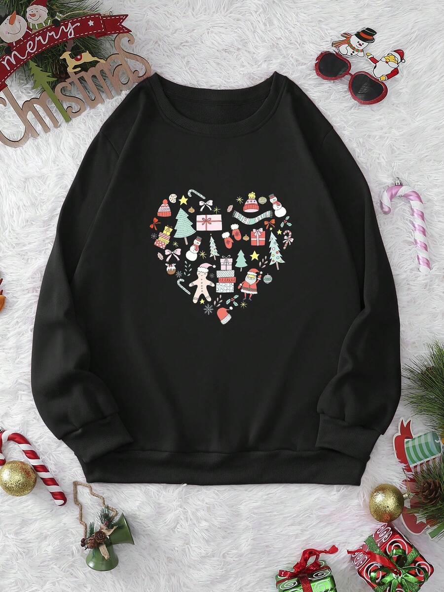 SHEIN EZwear 大碼聖誕圖案加絨內裏運動衫 - 黑色 - 查看 1