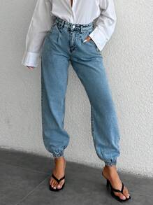 EURMUSE High Waist Jogger Jeans - Light Wash - View 1