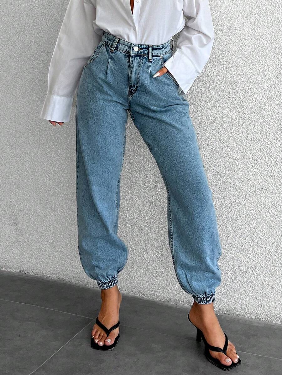 EURMUSE High Waist Jogger Jeans - Light Wash - View 1