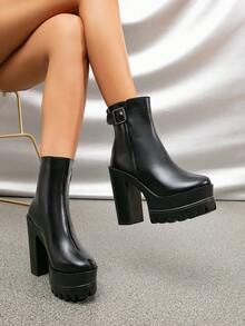 Women's Fashionable High Heel Motorcycle Boots In Black - Black - View 1