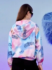 SHEIN X The Smurfs Tie Dye Letter Graphic Drop Shoulder Hooded Jacket - Multicolor - View 2