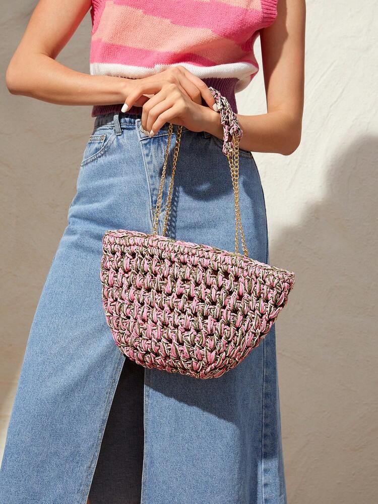 Women's Woven Shoulder Bag With Zipper And Chain Large Capacity Simple And Fashionable Multifunctional