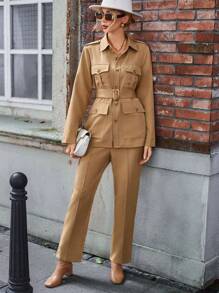 SHEIN Essnce Flap Pocket Belted Shirt & Pants - Khaki - View 1