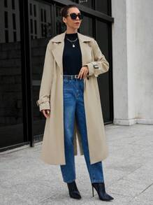 SHEIN Essnce Buckle Sleeve Double Breasted Trench Coat - Camel - View 4