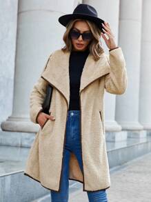 SHEIN Clasi Abrigo teddy de cuello cascada unido en contraste - Albaricoque - Ver 1