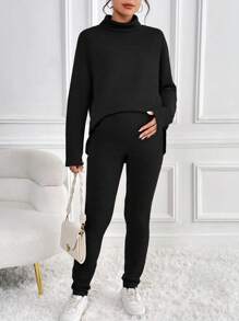SHEIN Maternity Turtleneck Batwing Sleeve Tee & Adjustable Waist Leggings, For Winter - Black - View 6