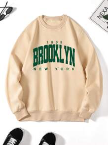 男士字母圖案加絨內裏運動衫 - 卡其色 - 查看 1