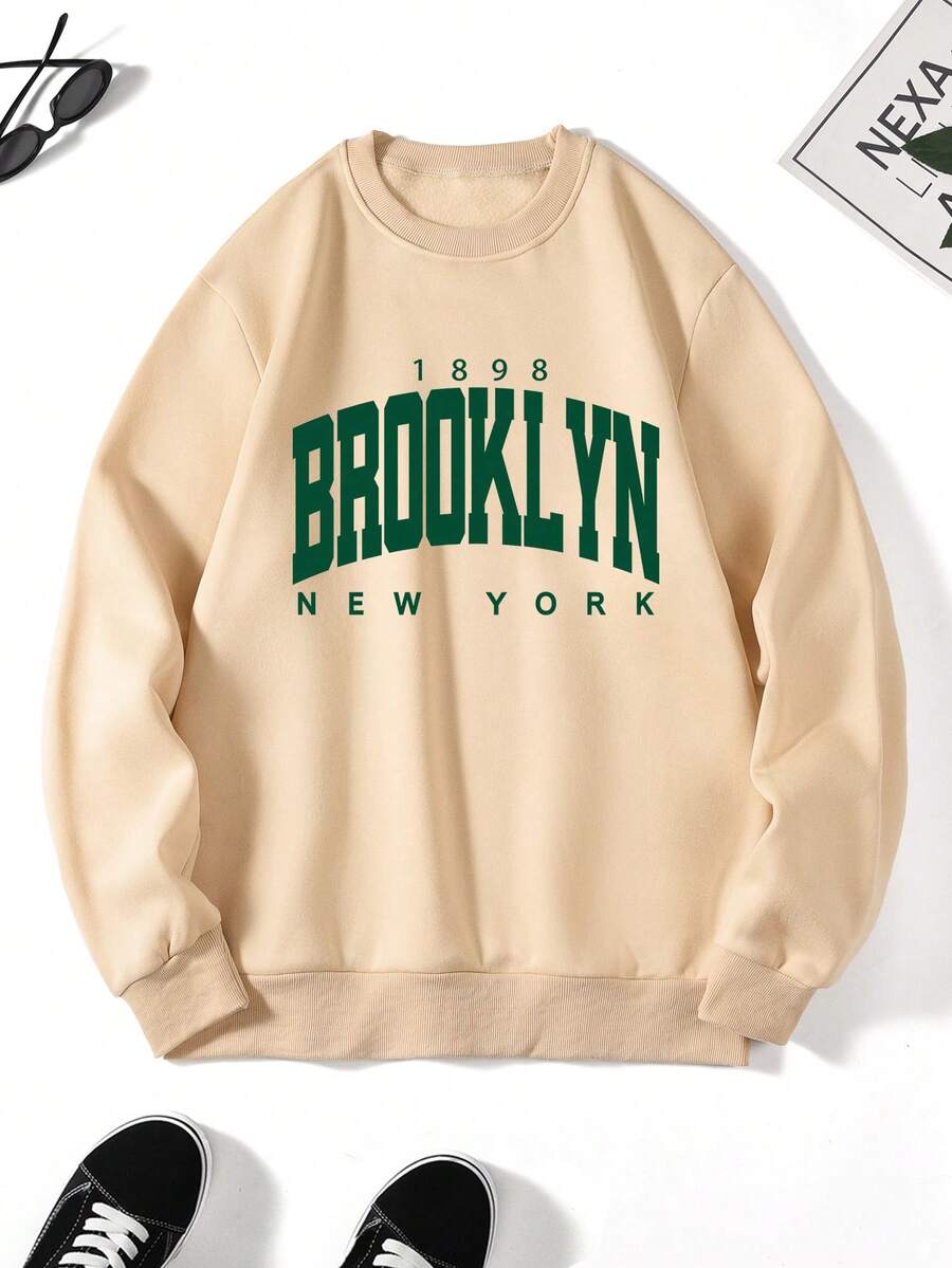 男士字母圖案加絨內裏運動衫 - 卡其色 - 查看 1