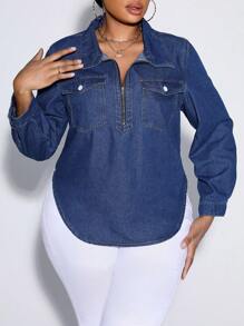 SHEIN Plus Half Zip Flap Pocket Curved Hem Denim Top - Dark Wash - View 1