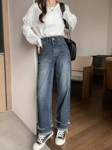 DAZY Cao eo Xén Thô Quần legging thẳng - Màu xanh lam - Xem 4