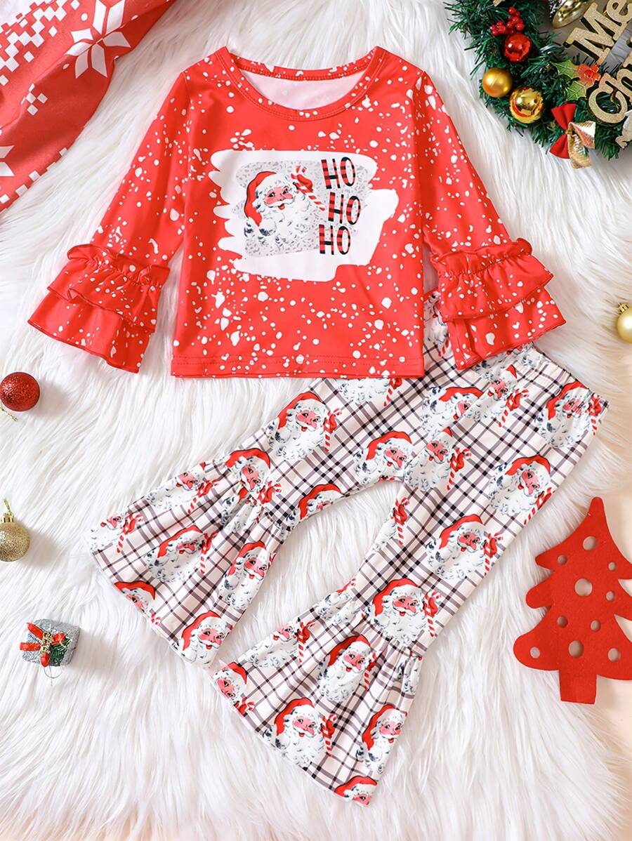 小女孩聖誕幼兒女孩休閒長袖聖誕老人印花襯衫與喇叭褲服裝套裝 - 紅色 - 查看 1