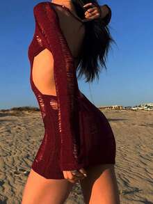 素色開口針法緊身毛衣洋裝不附帶內衣褲套裝 - 酒紅色 - 查看 3