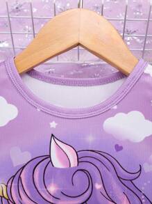 Young Girl Purple Cloud & Unicorn Printed Long Sleeve Top With Long Pants Snug Fit Pajama Set - Mauve Purple - View 3