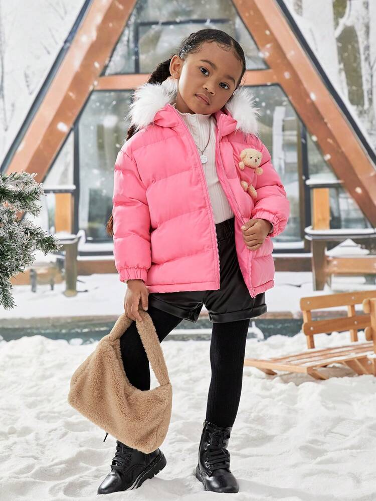 Young Girl Bear Decor Zip Up Fuzzy Trim Hooded Padded Coat