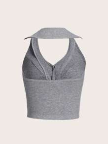 SHEIN MOD Sırtsız Nervürlü Örgü Önden Düğmeli Sade Gündelik Seksi Kadın Atlet & Camiş - Gri - Görünüm 2